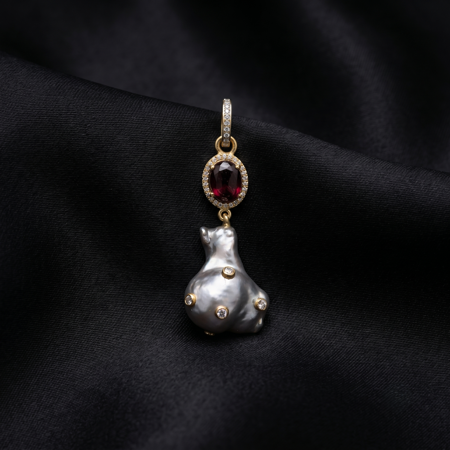 Elegant Ruby and Baroque Pearl Pendant