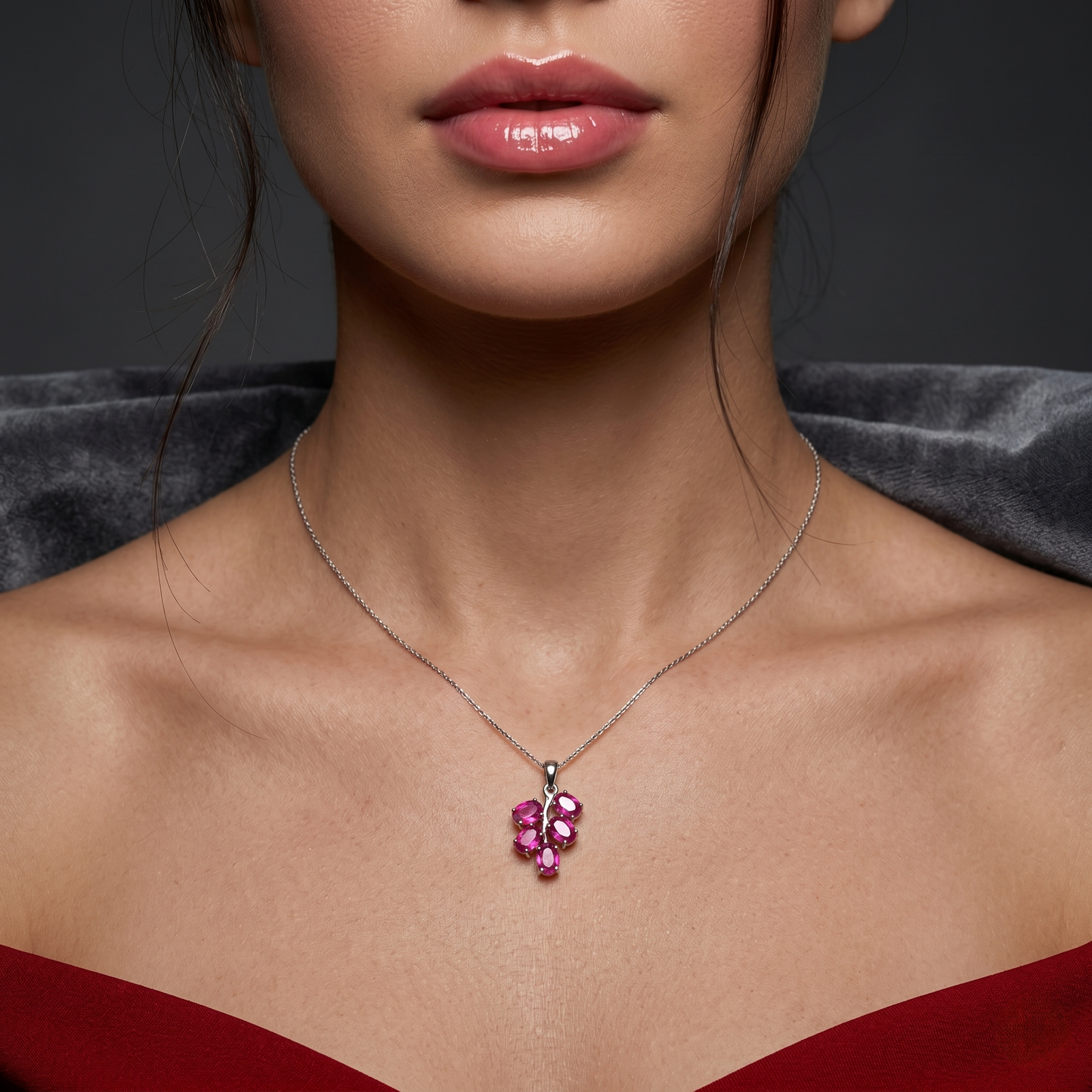 Handcrafted Silver Leafy Ruby Branch Pendant