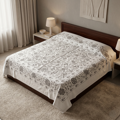 Luxurious Ivory Floral Hand Embroidered Bedcover