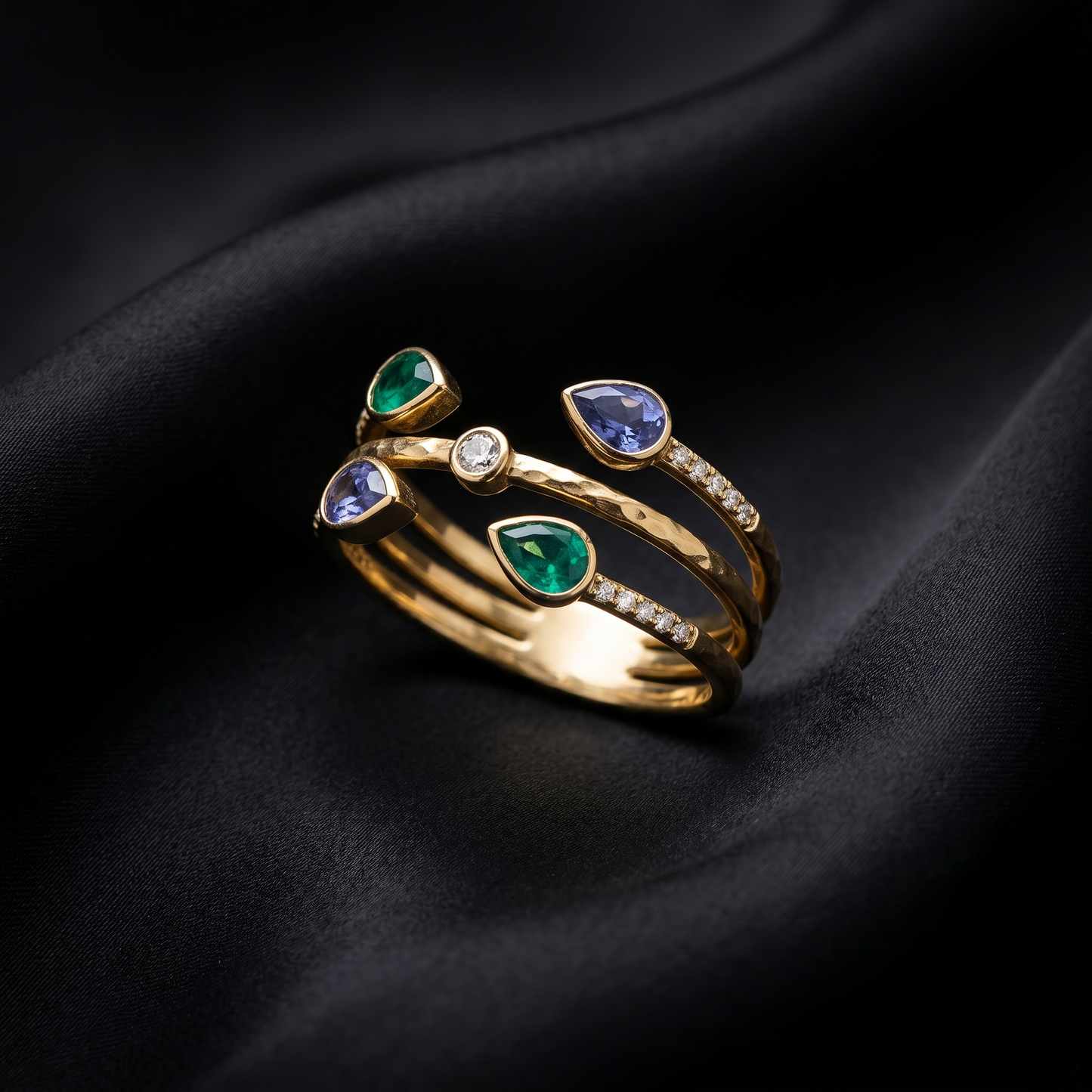 Multi Row Gold Multi-Gemstone Bypass Ring