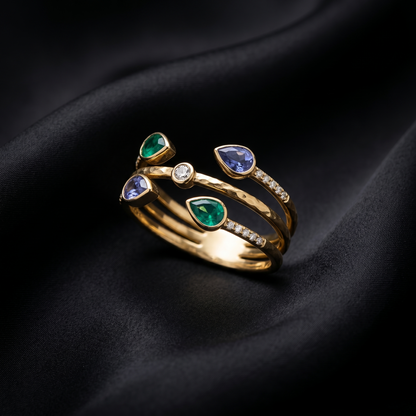 Multi Row Gold Multi-Gemstone Bypass Ring