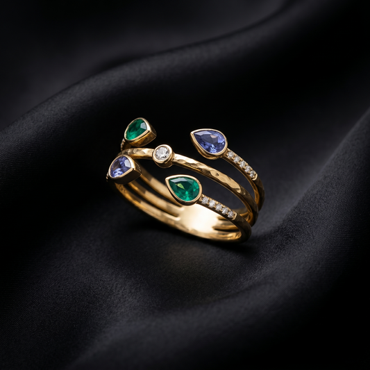 Multi Row Gold Multi-Gemstone Bypass Ring