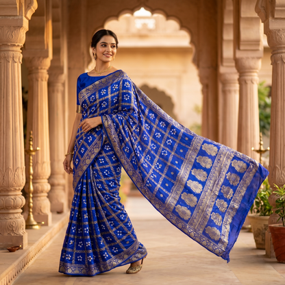 Royal Blue Banarasi Bandhani Silk Saree