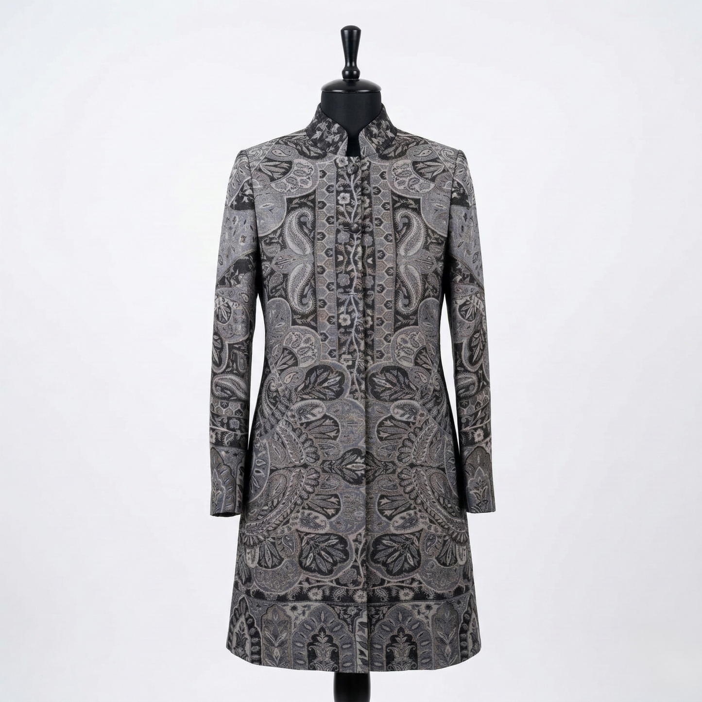 Paisley Jacquard Mandarin Collar Long Coat