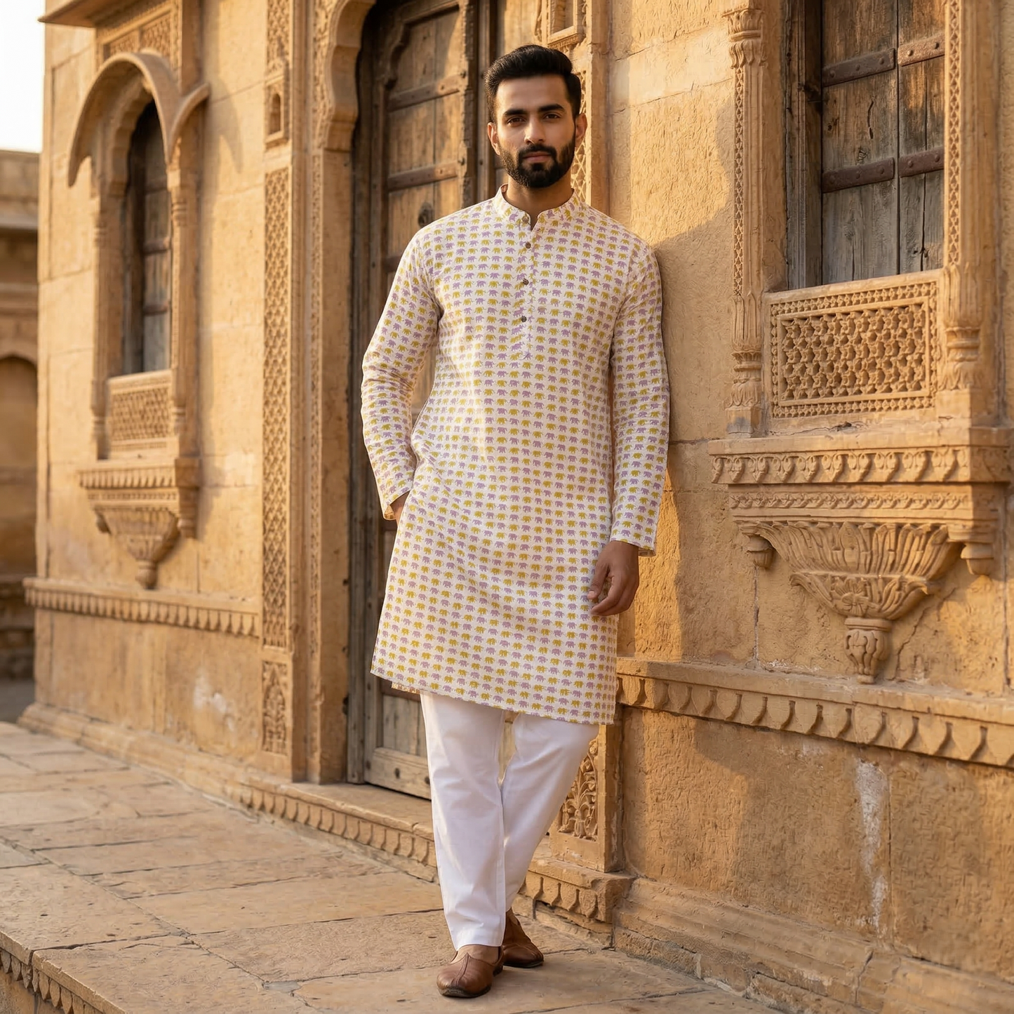 Elephant Print Hand Block Cotton Kurta
