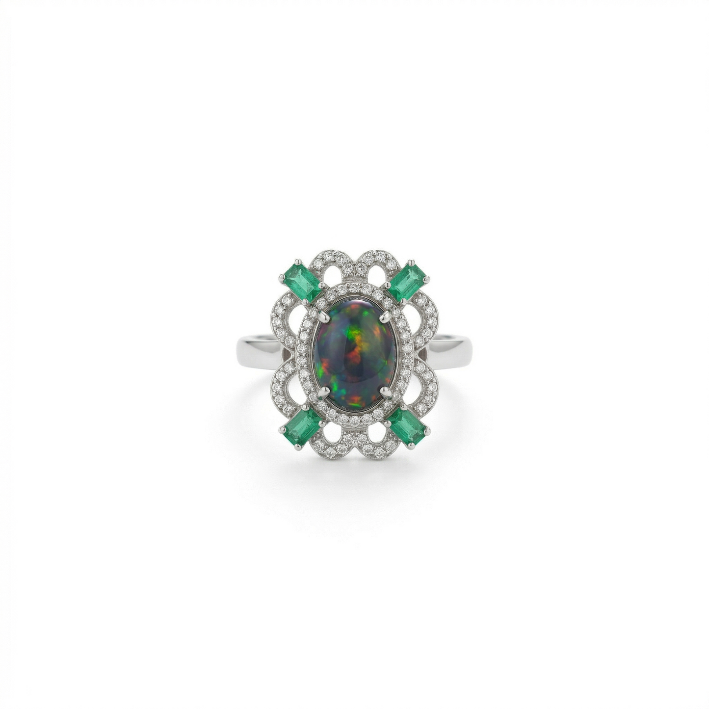 Vintage Floral Black Opal Silver Ring
