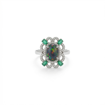Vintage Floral Black Opal Silver Ring