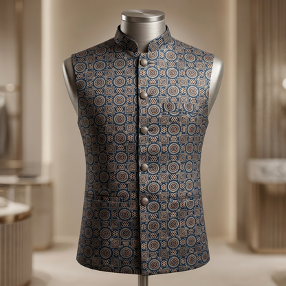 Royal Indigo Heritage Ajrakh Silk Waistcoat