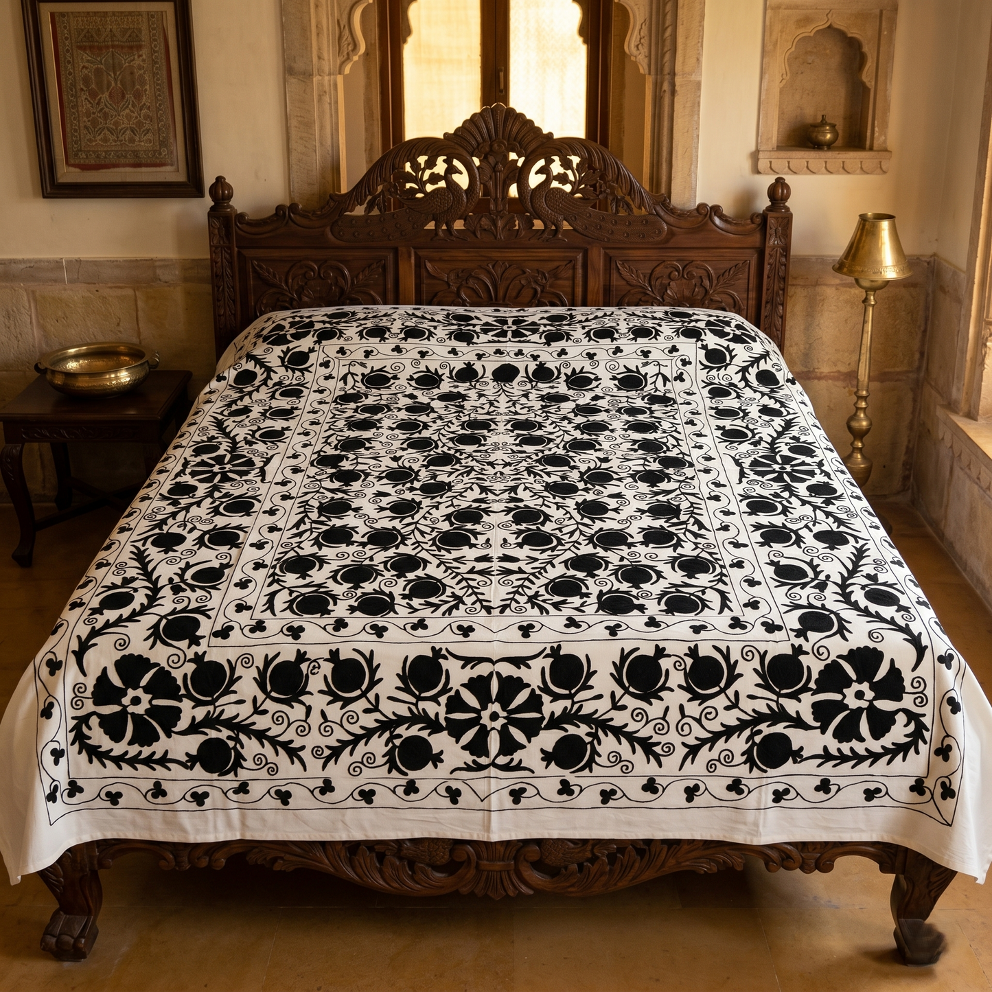 Monochrome Floral Handcrafted Luxury Cotton Bedcover