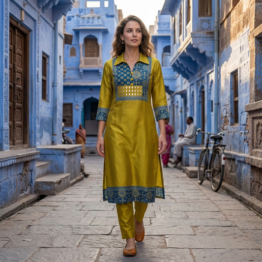 Golden Mustard Kurti with Indigo Accents