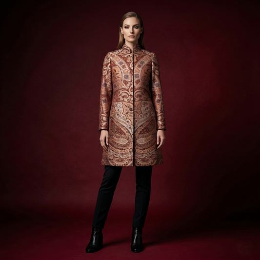 Ornate Paisley Mandarin Collar Brocade Coat