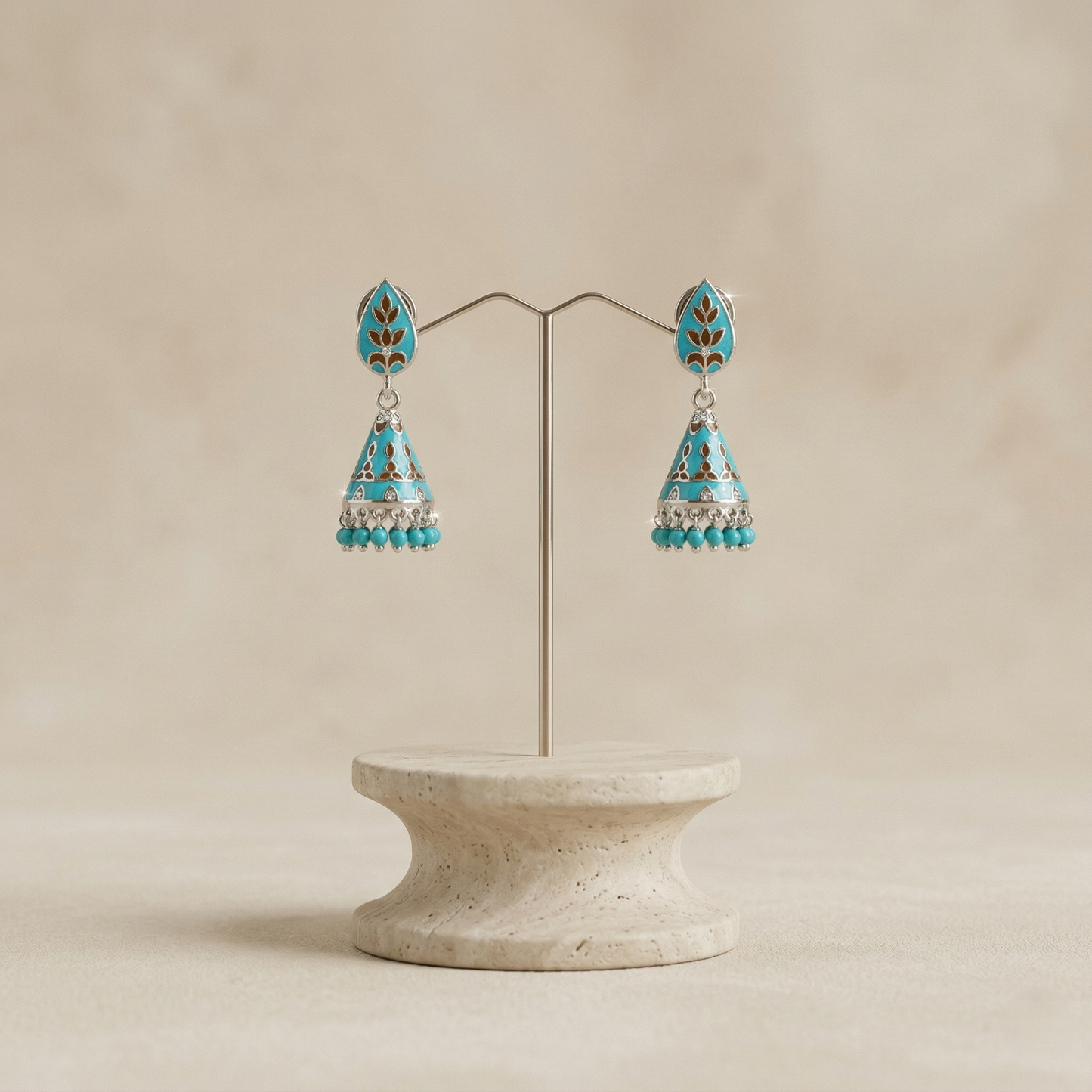 Teal Enamel Silver Floral Jhumka Earrings