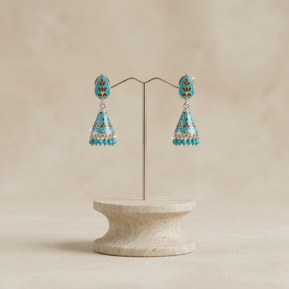 Teal Enamel Silver Floral Jhumka Earrings