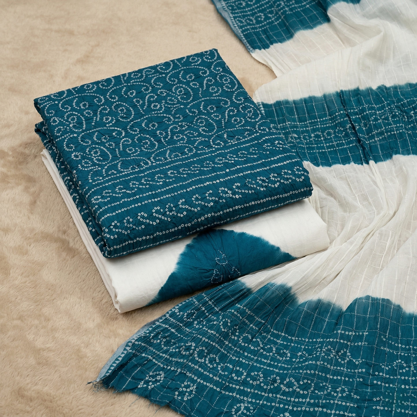 Azure Bloom Bandhani Unstitched Suit Set