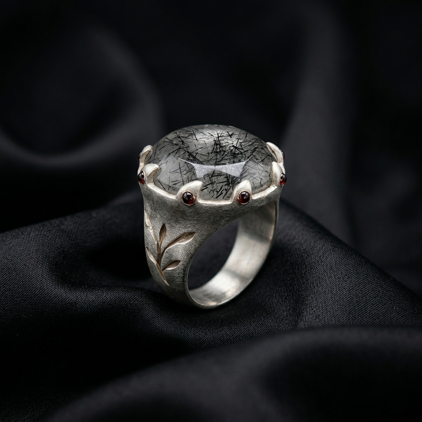 Rutilated Quartz Silver Crown Signet Ring