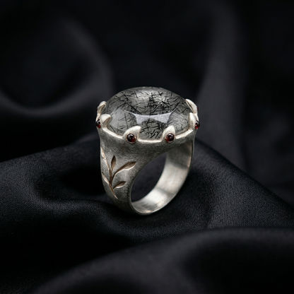 Rutilated Quartz Silver Crown Signet Ring