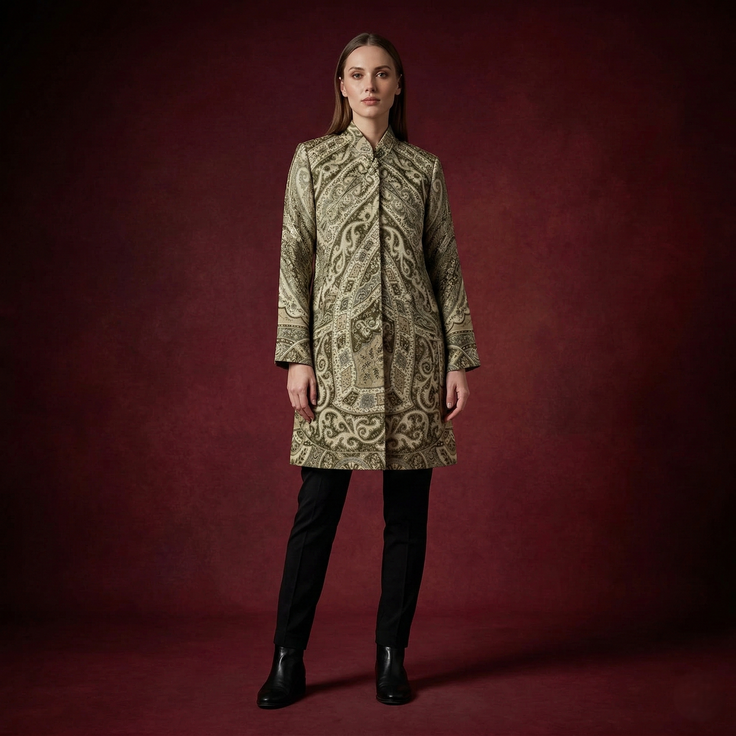 Elegant Sage Paisley Mandarin Collar Tunic Long Coat