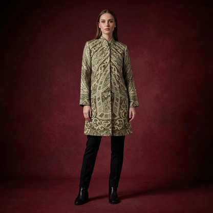 Elegant Sage Paisley Mandarin Collar Tunic Long Coat