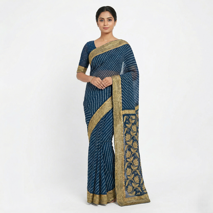 Navy Leheriya Saree With Zari Border