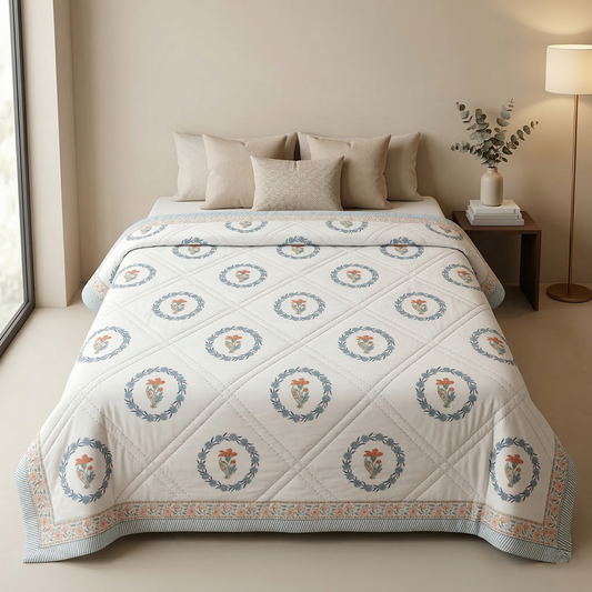 Floral Wreath Diamond White Quilt