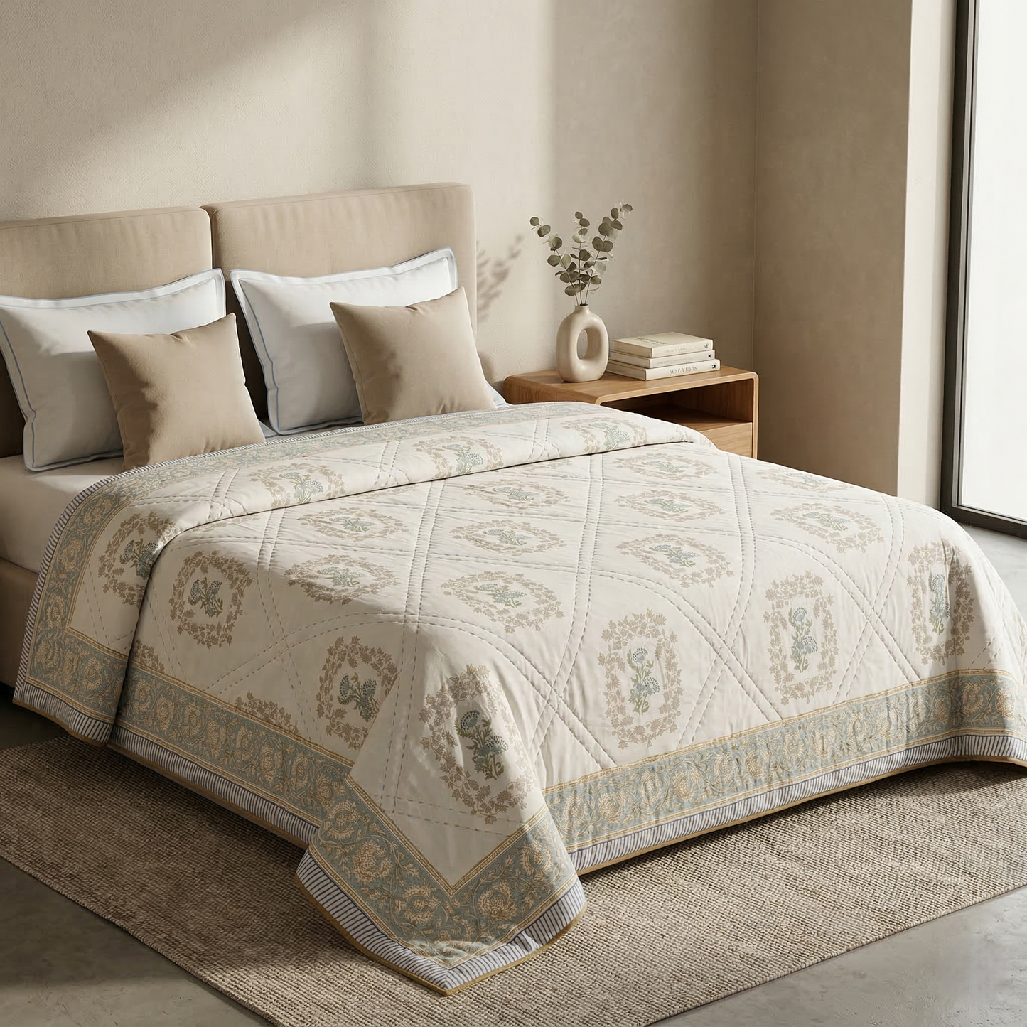 Elegant Sage Diamond Hand Block Quilt