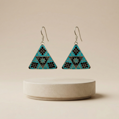 Turquoise Floral Triangle Silver Drop Earrings