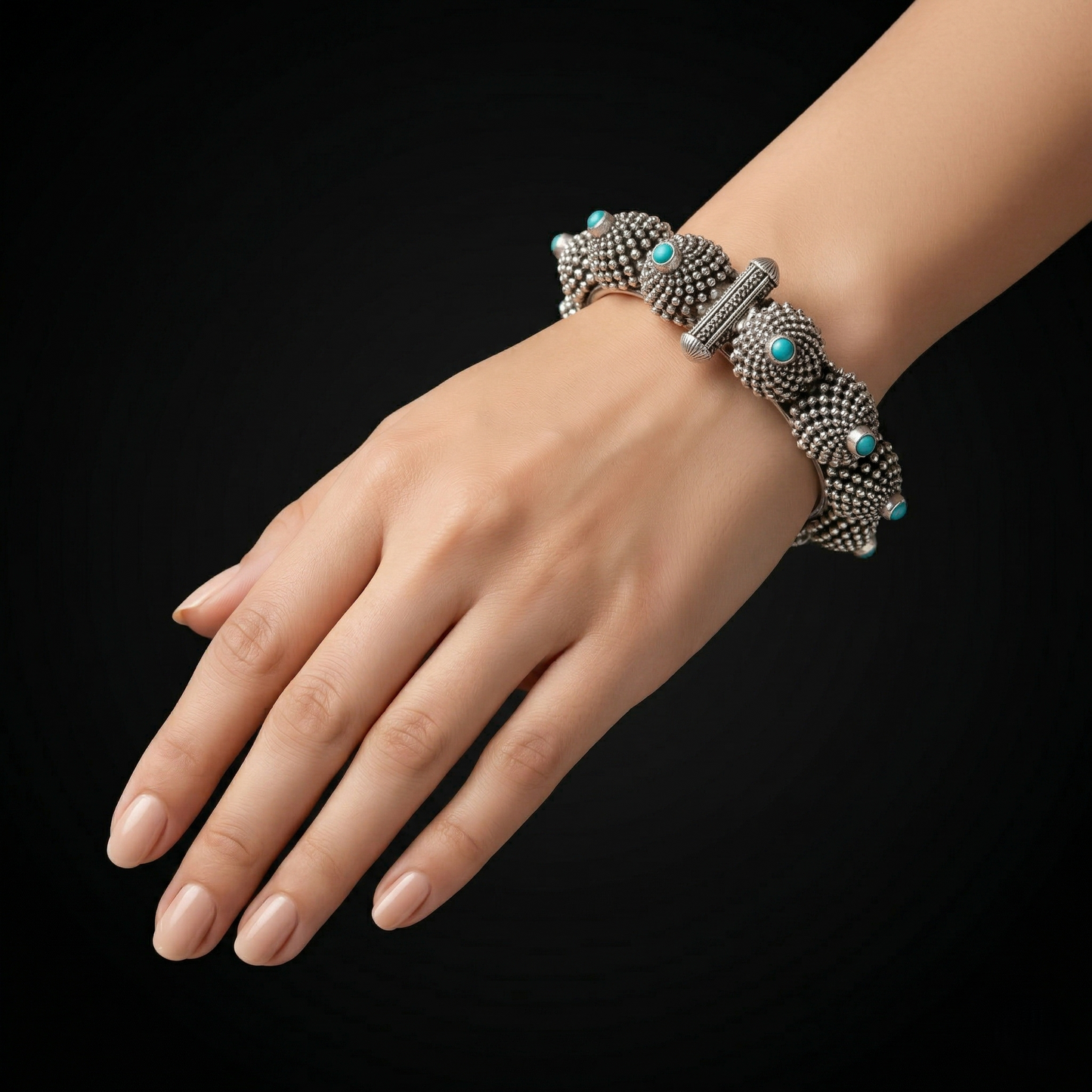 Intricate Turquoise Studded Silver Artisanal Kada