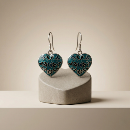 Intricate Blue Meenakari Silver Heart Earrings