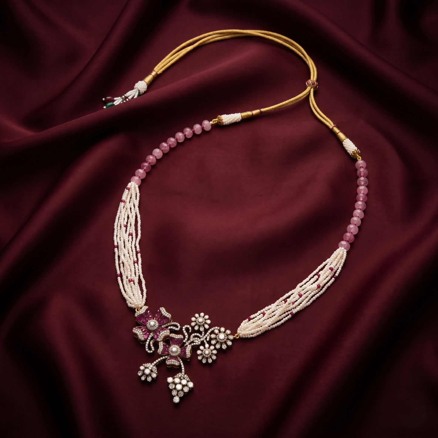 Floral Pearl and Rose Quartz Necklace