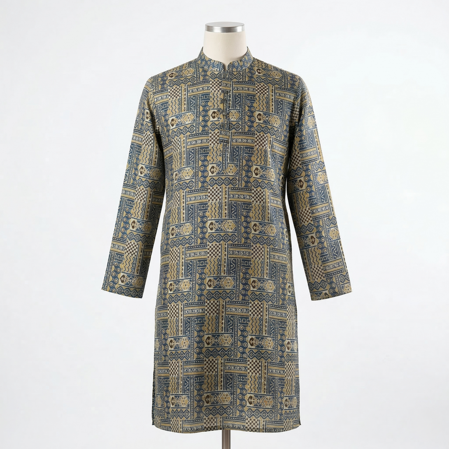 Geometric Azure Print Cotton Mens Kurta