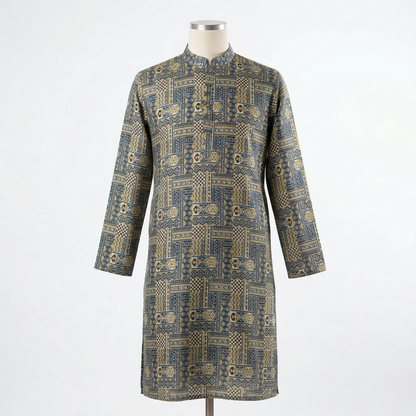 Geometric Azure Print Cotton Mens Kurta