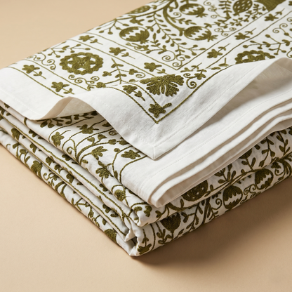 Handcrafted Olive Floral Luxury Cotton Bedcover