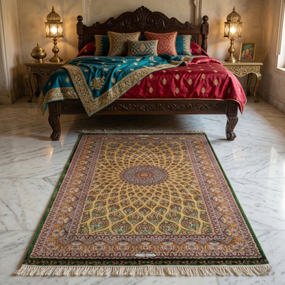 Hand Knotted Golden Medallion Persian Silk Rug
