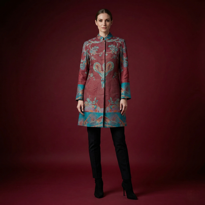 Ethereal Crimson Mandala Silk Mandarin Long Coat