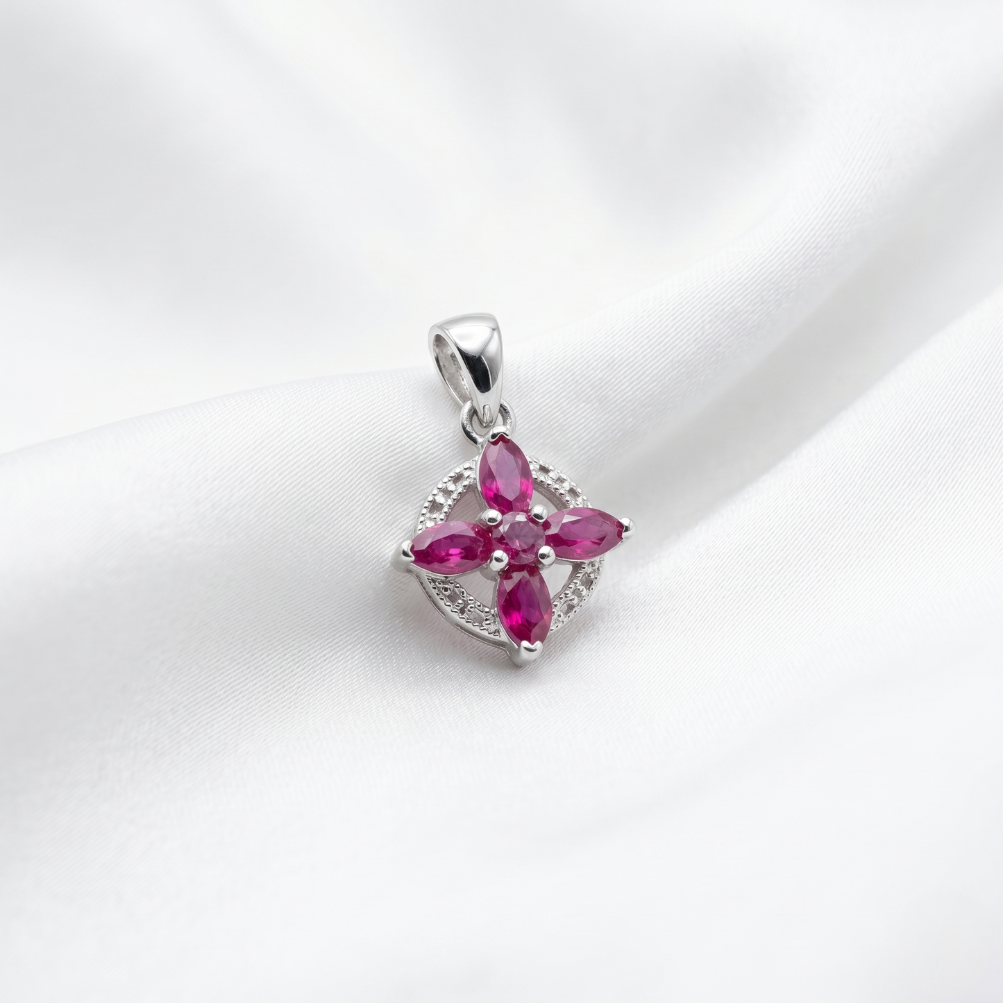Elegant Sterling Silver Floral Ruby Pendant