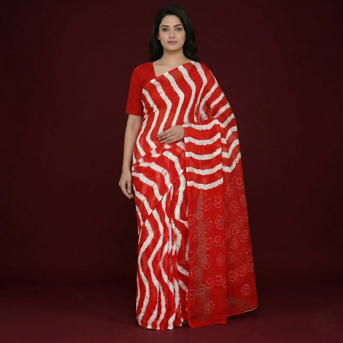 Red Leheriya Saree with Bandhani Pallu