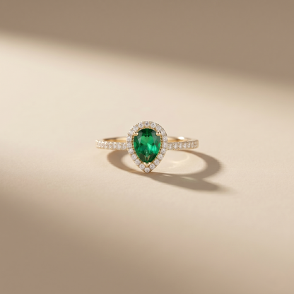 Pear Cut Emerald Gold Halo Ring