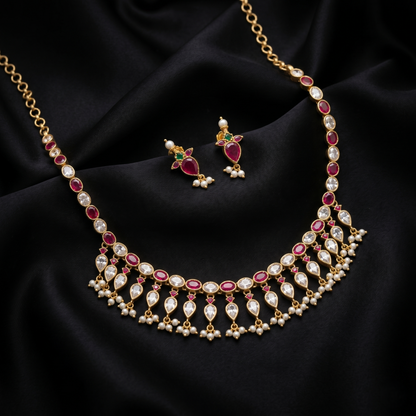 Exquisite Ruby Floral Silver Necklace Set