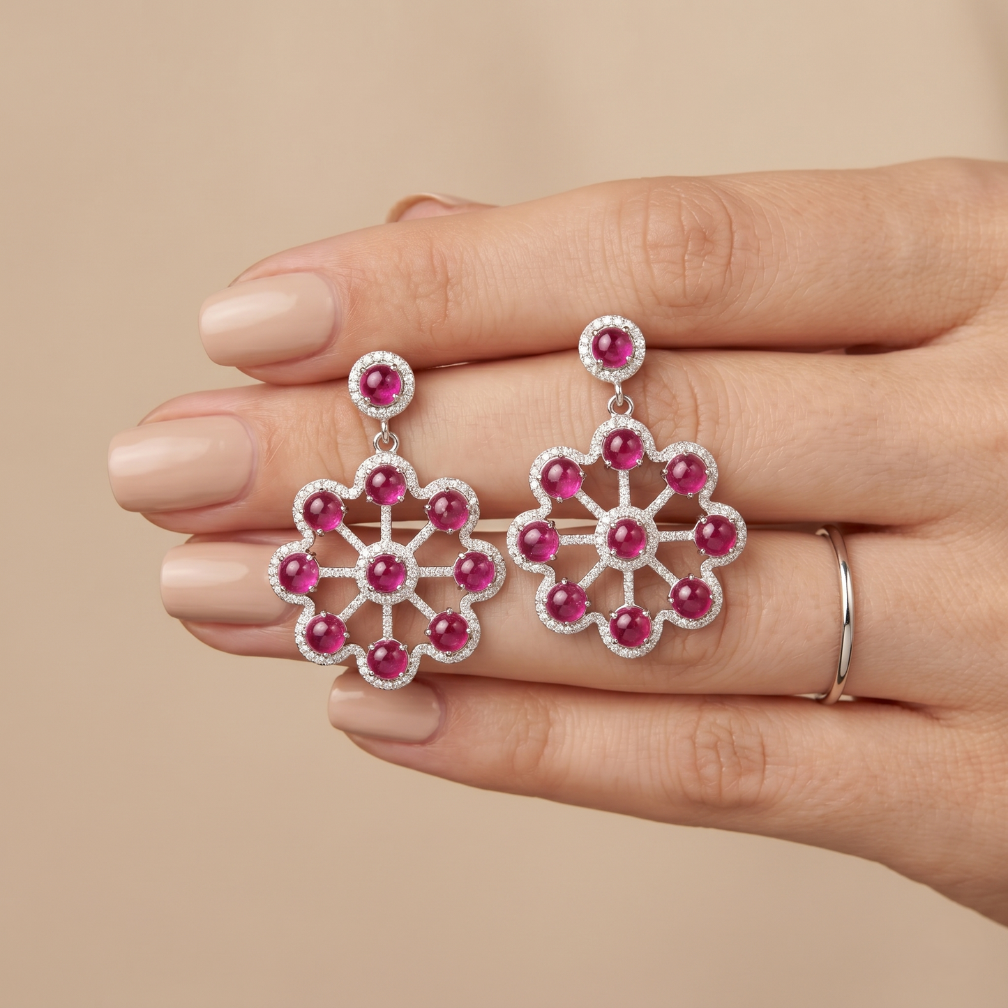 Ruby Floral Wheel 925 Silver Earrings