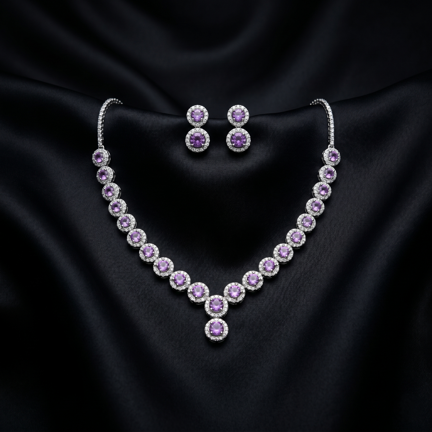 Elegant Amethyst Silver Halo Jewelry Set