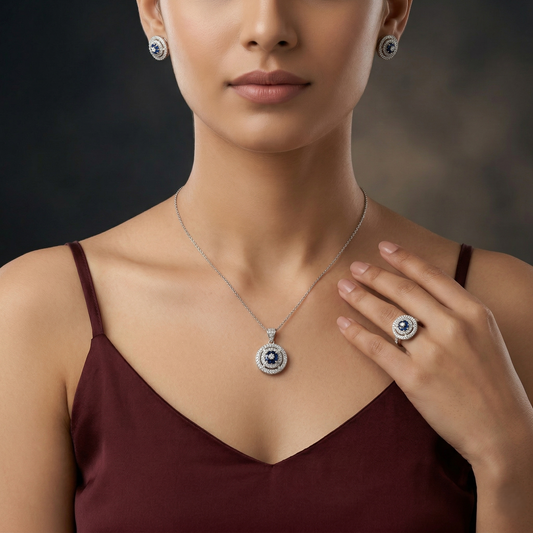 Celestial Sapphire Halo Silver Pendant Set