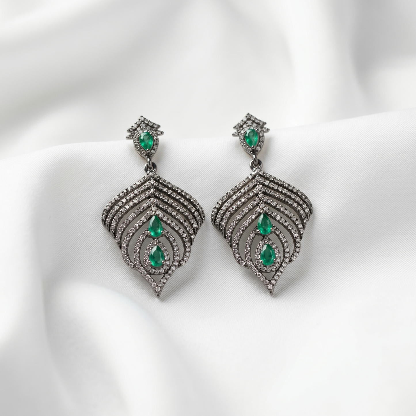 Elegant Emerald Victorian Peacock Drop Earrings