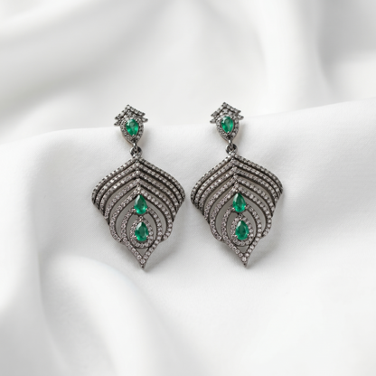 Elegant Emerald Victorian Peacock Drop Earrings