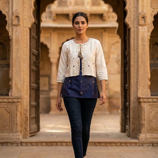 Ivory Heritage Mirror-Work Ethnic Jacket