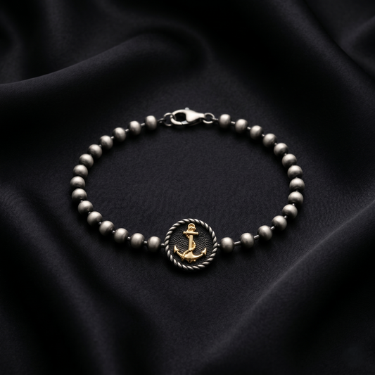 Nautical Silver Bead Golden Anchor Bracelet