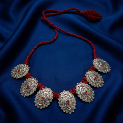 Maroon Threaded Silver Tribal Necklace Set