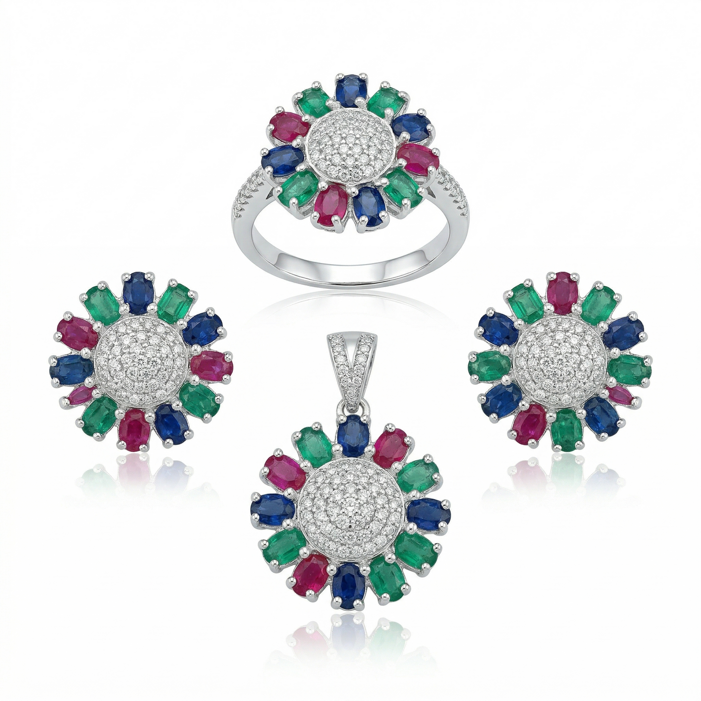 Radiant Floral Multi-Gem Silver Pendant Set
