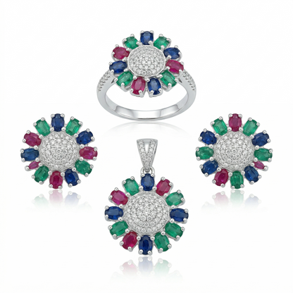 Radiant Floral Multi-Gem Silver Pendant Set