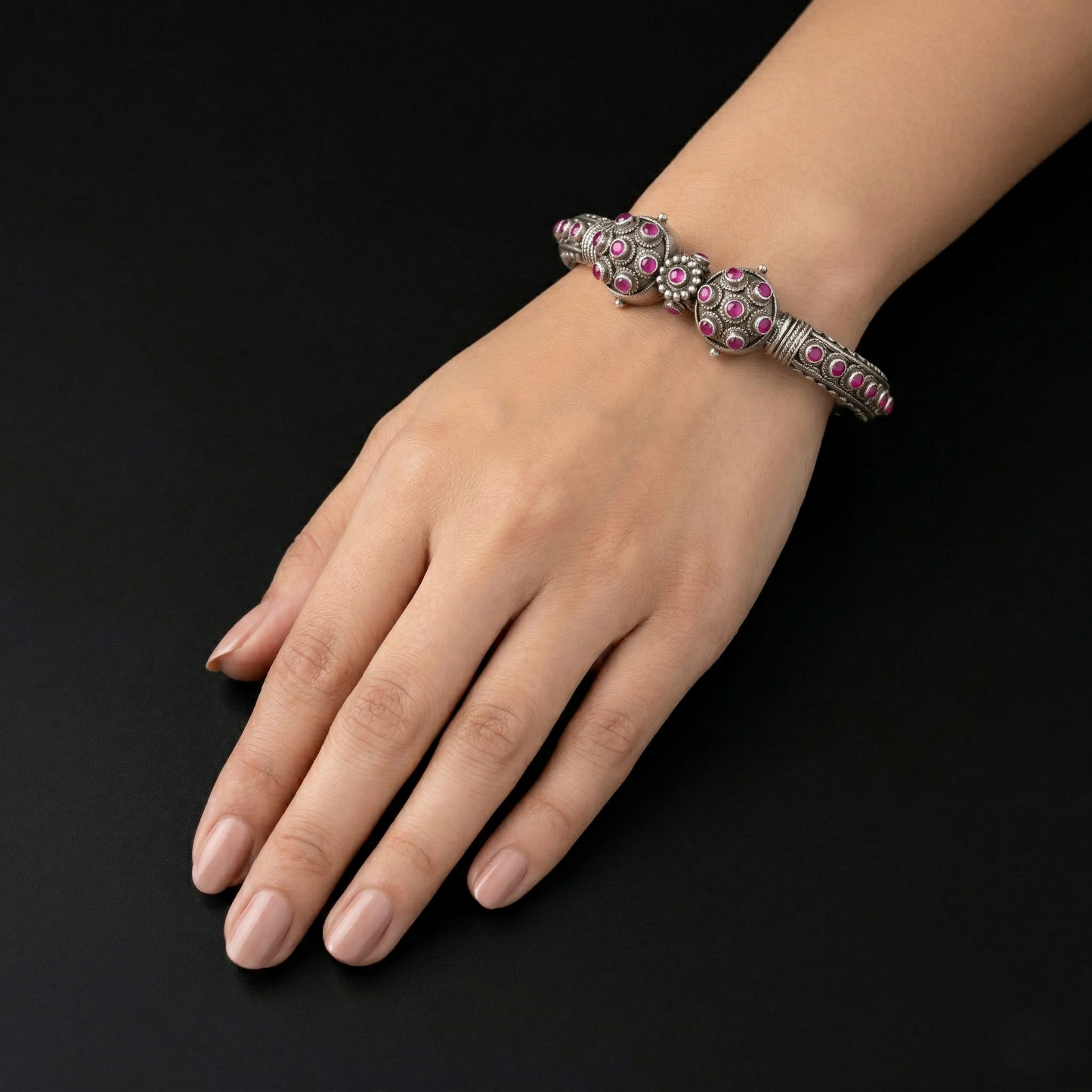 Handcrafted Ruby-Studded 92.5 Sterling Silver Kada