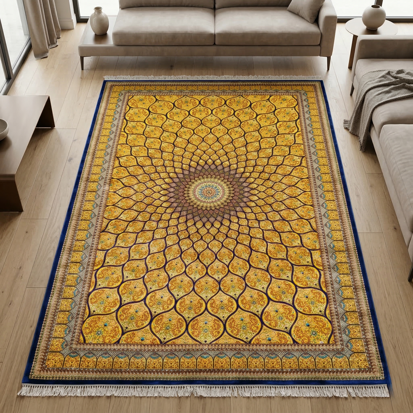 Golden Sunburst Mandala Silk Rug